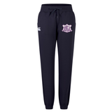 Black Western Carolina University Women’s Leisure Sweatpant by Canterbury featuring a drawstring waist, an embroidered logo on the right hip, and a Western Carolina Rugby emblem on the left thigh.
