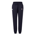 The EMB Canterbury Superior Rugby Club Women's Leisure Sweatpant features navy blue fabric, elastic cuffs, a drawstring waistband, and two front embroidered logos, inspired by classic Canterbury rugby pants.