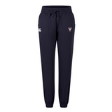 The EMB Canterbury Superior Rugby Club Women's Leisure Sweatpant features navy blue fabric, elastic cuffs, a drawstring waistband, and two front embroidered logos, inspired by classic Canterbury rugby pants.