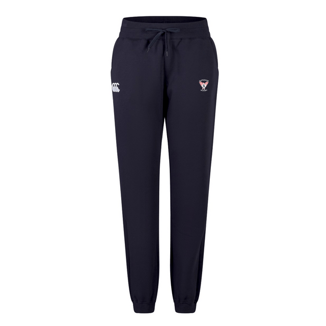 The EMB Canterbury Superior Rugby Club Women's Leisure Sweatpant features navy blue fabric, elastic cuffs, a drawstring waistband, and two front embroidered logos, inspired by classic Canterbury rugby pants.