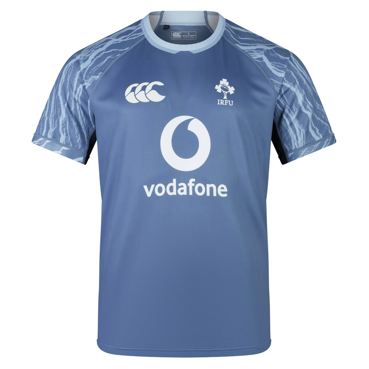 A blue short-sleeve sports training jersey with the IRFU logo and Vodafone sponsorship on the front. The Ireland 24 Training Pro Jersey by Canterbury features shoulders with a pattern resembling lightning.