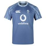 A blue short-sleeve sports training jersey with the IRFU logo and Vodafone sponsorship on the front. The Ireland 24 Training Pro Jersey by Canterbury features shoulders with a pattern resembling lightning.