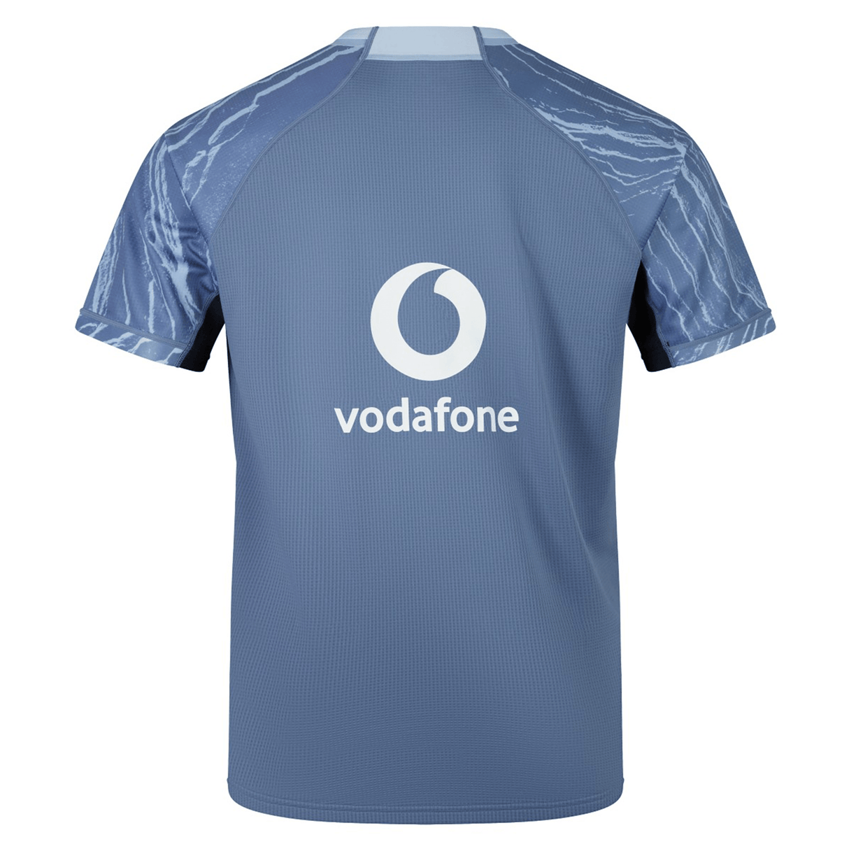 A blue Ireland 24 Training Pro Jersey by Canterbury, featuring the Vodafone logo on the back. Crafted by Canterbury, this training jersey combines performance and style seamlessly.