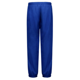 A pair of plain blue Canterbury Legends Stadium Track Pants with an elastic waist and elastic cuffs at the ankles, shown from the back.