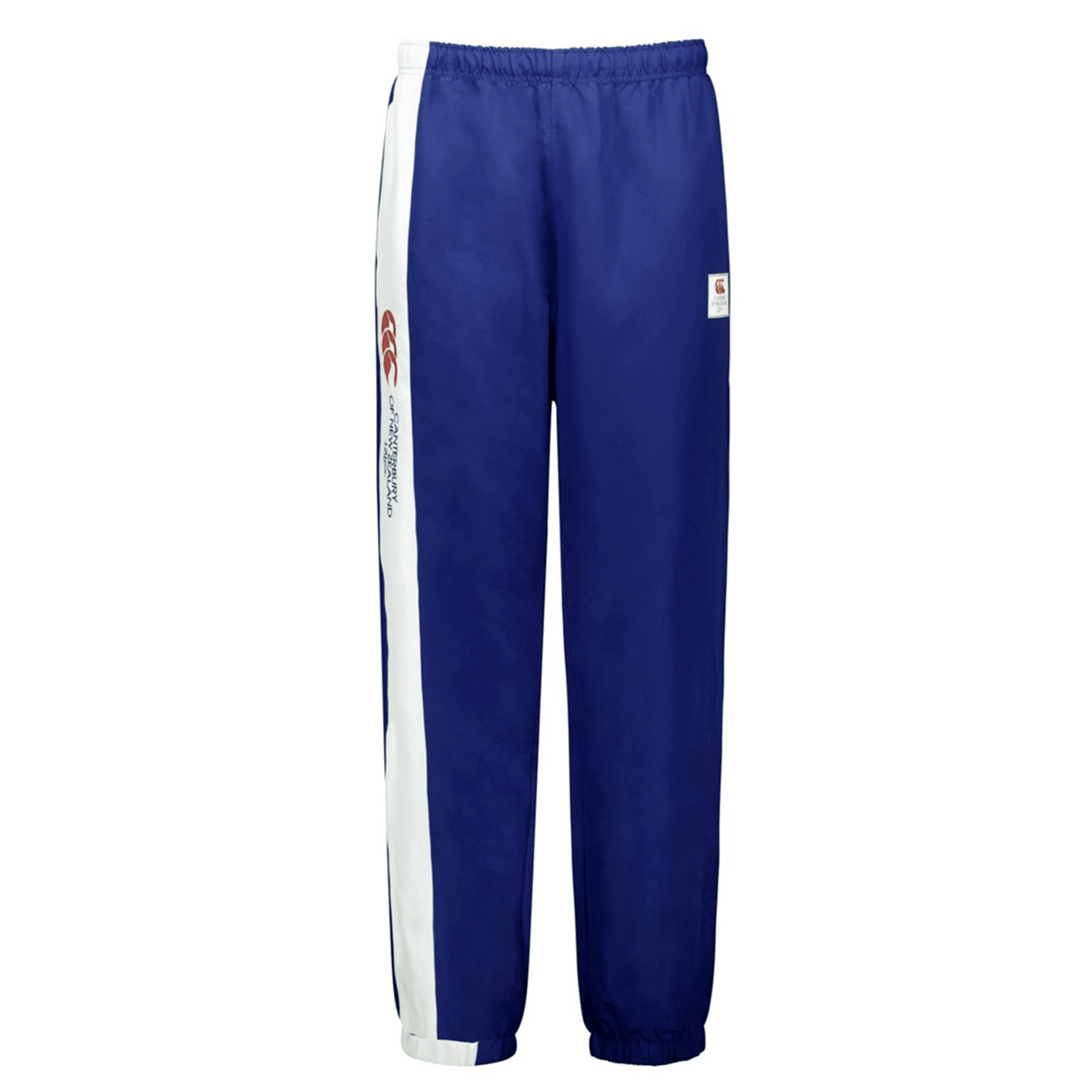 Canterbury’s Legends Stadium Track Pant features blue athletic pants with white side stripes, an elastic waistband, and embroidered logos on the left side.
