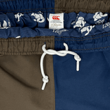 Close-up of the waistband and drawstring of Canterbury Harlequin Block Stadium Trackpant, featuring brown and blue panels, a CCC logo, and a label with the text "Canterbury of New Zealand 120 years.