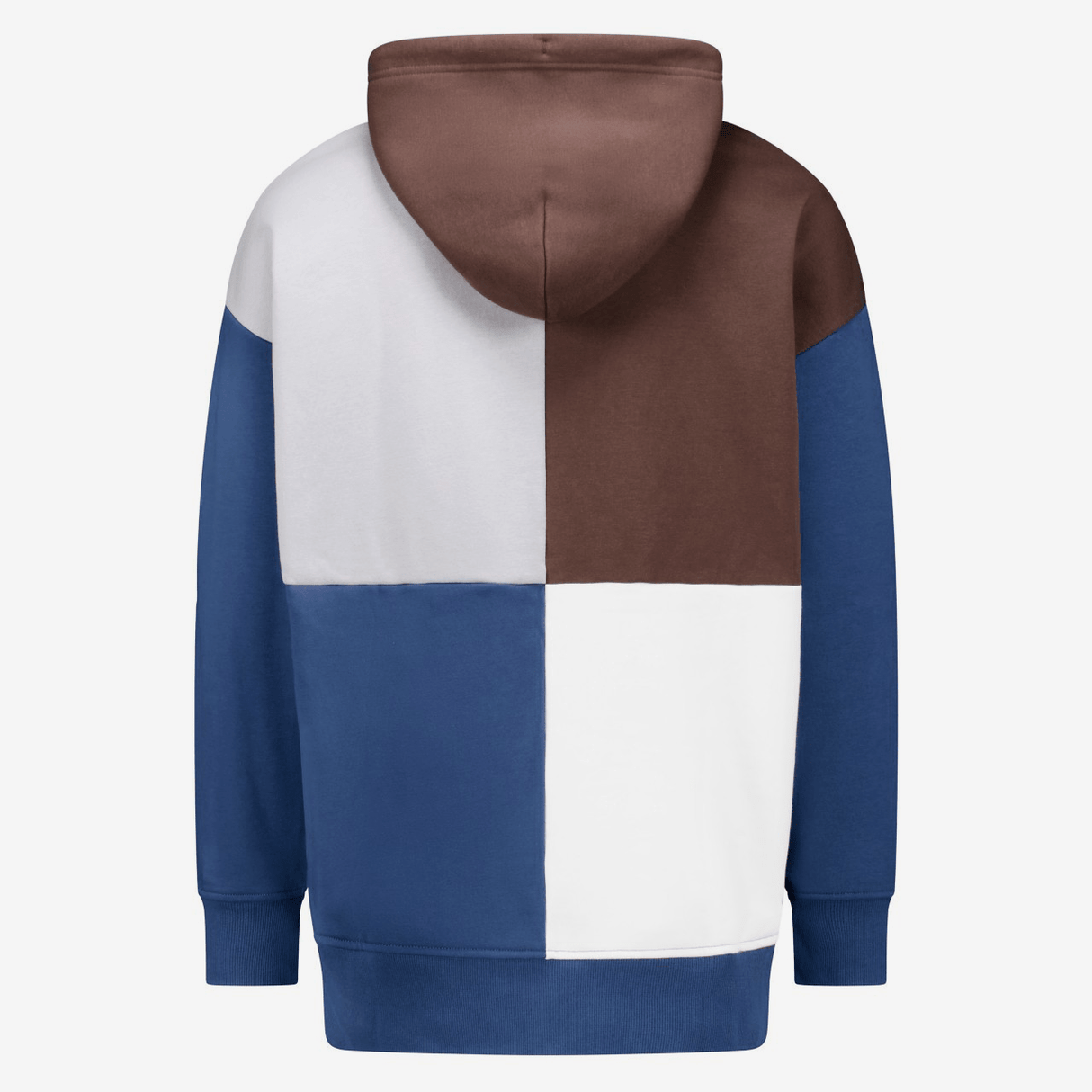 Introducing the Canterbury Harlequin Block Pullover Hoodie by Canterbury, featuring a striking color-block pattern in brown, white, and blue sections, shown from the back.