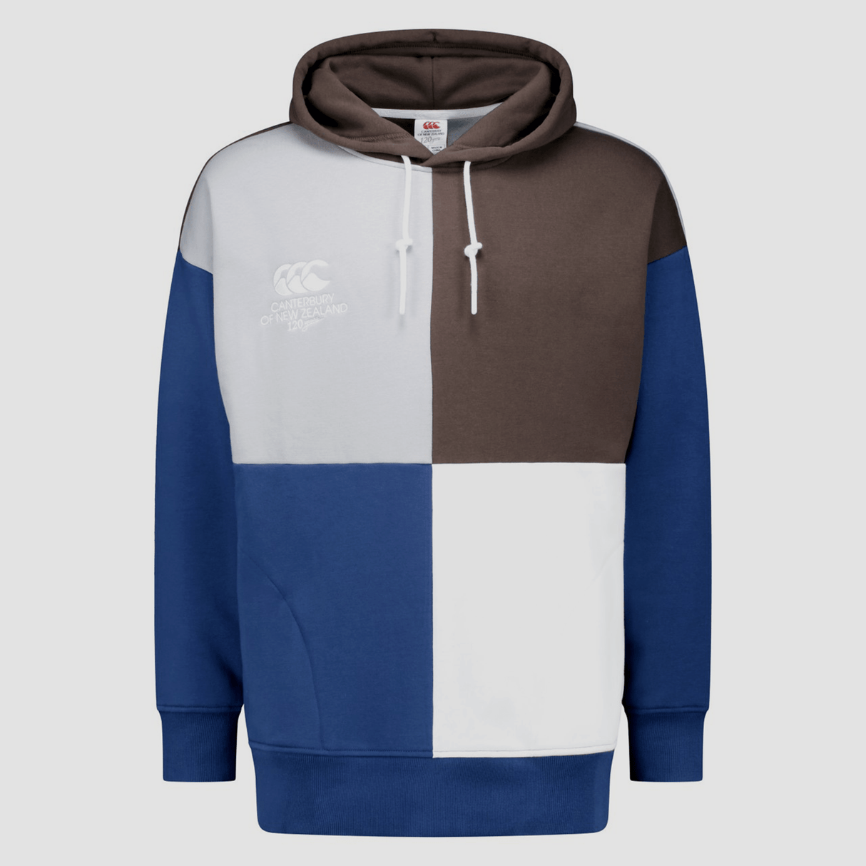 A Canterbury Harlequin Block Pullover Hoodie by Canterbury, featuring navy blue, white, and brown sections, a drawstring hood, and a small logo on the left chest.