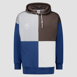 A Canterbury Harlequin Block Pullover Hoodie by Canterbury, featuring navy blue, white, and brown sections, a drawstring hood, and a small logo on the left chest.
