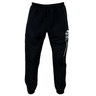 These Canterbury Uglies Stadium Pants from Canterbury feature black track pants with an elastic waistband and cuffs, adorned with a white and blue graphic design on the left thigh. Combining style and comfort, these pants have a tapered leg design.