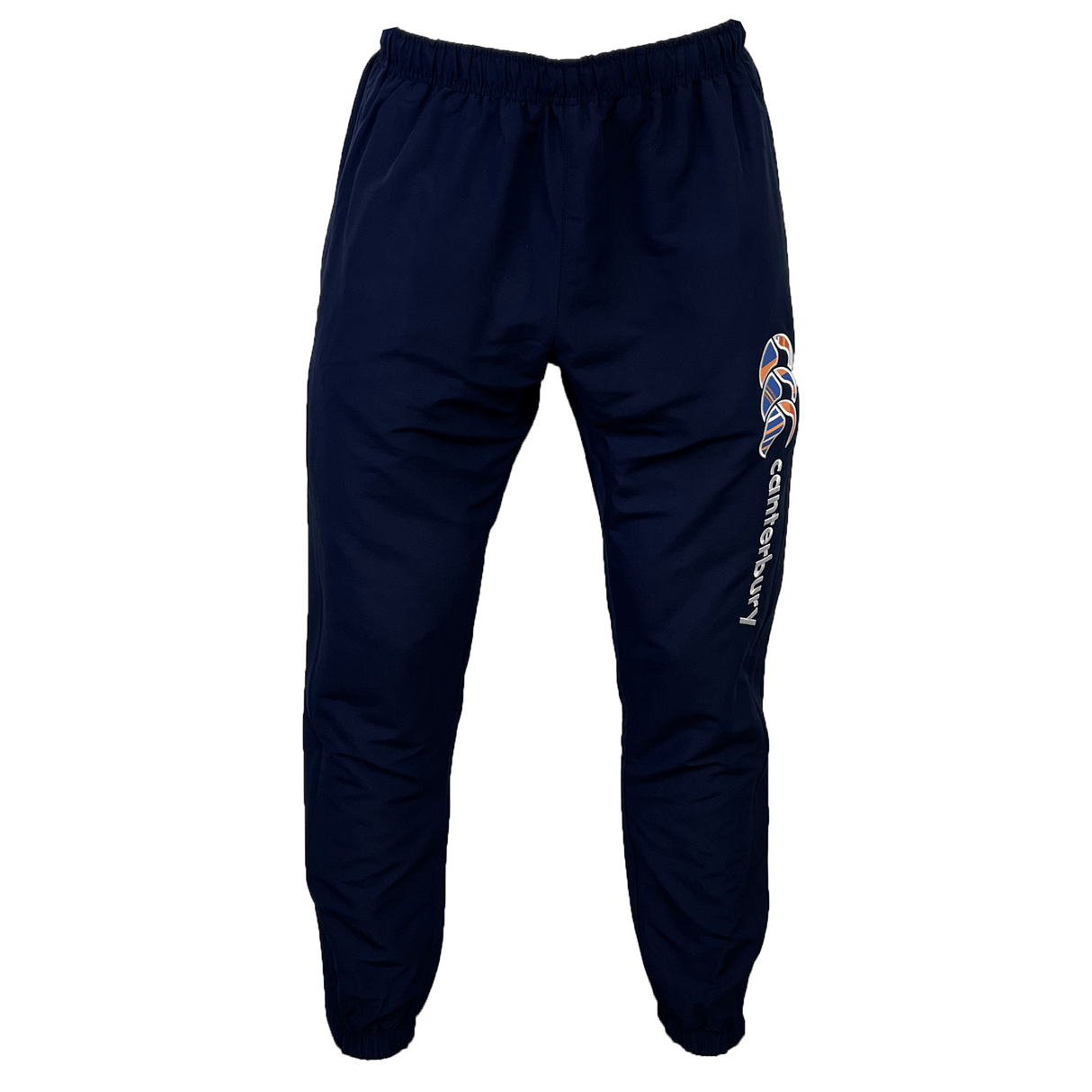 The Canterbury Uglies Stadium Pants, designed by Canterbury, come in a stylish navy blue color with an elastic waistband and cuffs. They feature a logo and a multicolored design on the left leg, along with a tapered leg for a modern fit.