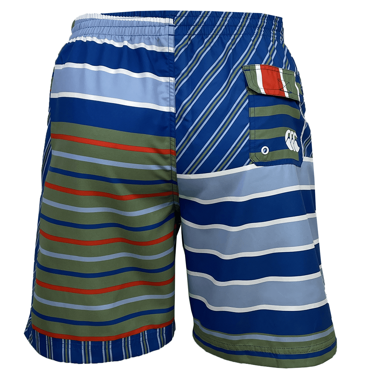 The Canterbury Uglies Awning 8in Woven Swim Short is a standout piece in the Canterbury Men's collection, featuring multicolored stripes with vibrant vertical and horizontal patterns in blue, green, red, and white. These shorts are designed with a chlorine-resistant fabric and include a convenient back pocket.