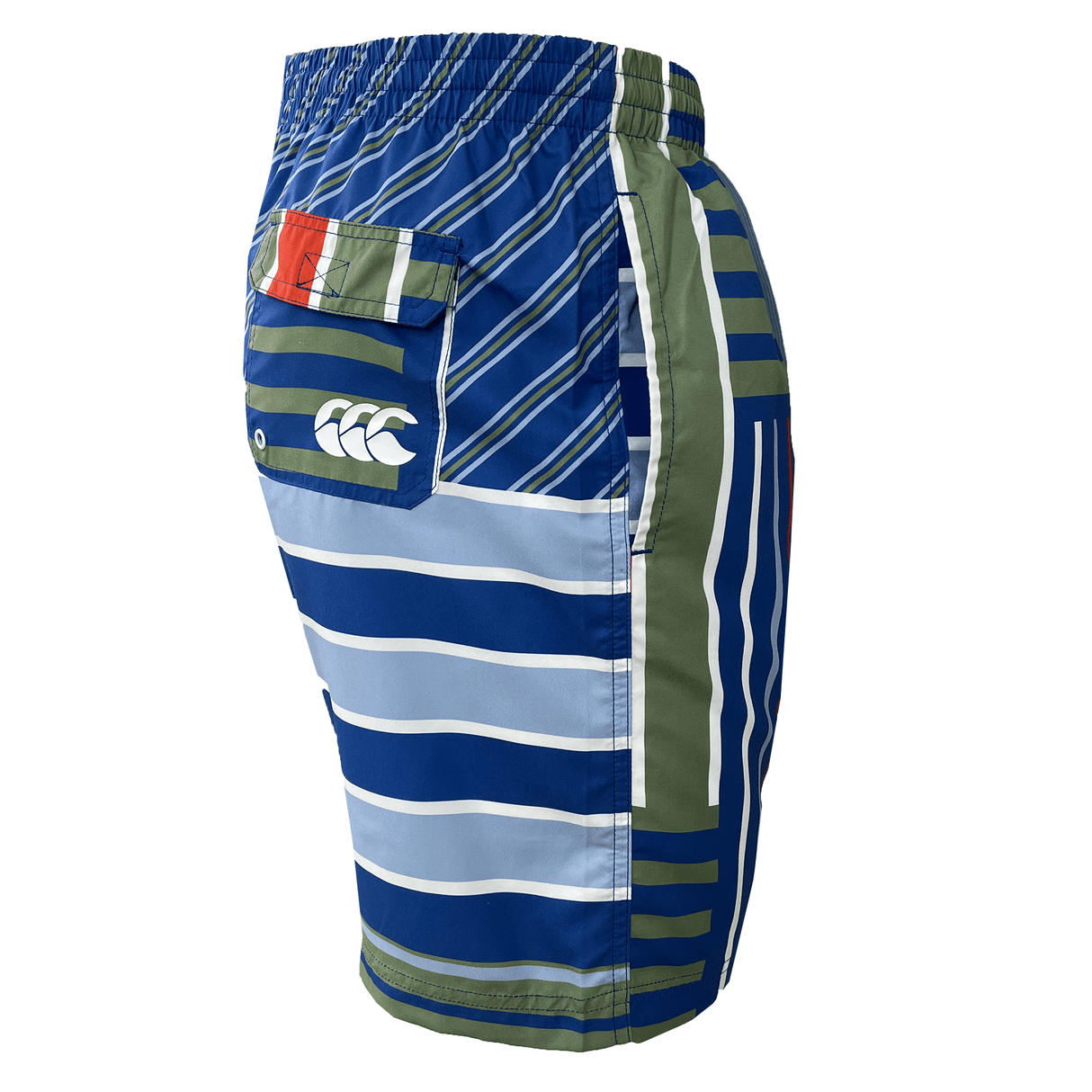 Side view of blue, green, and white striped Canterbury Uglies Awning 8in Woven Swim Short from the men's collection. These chlorine-resistant shorts include a small side pocket with a logo.