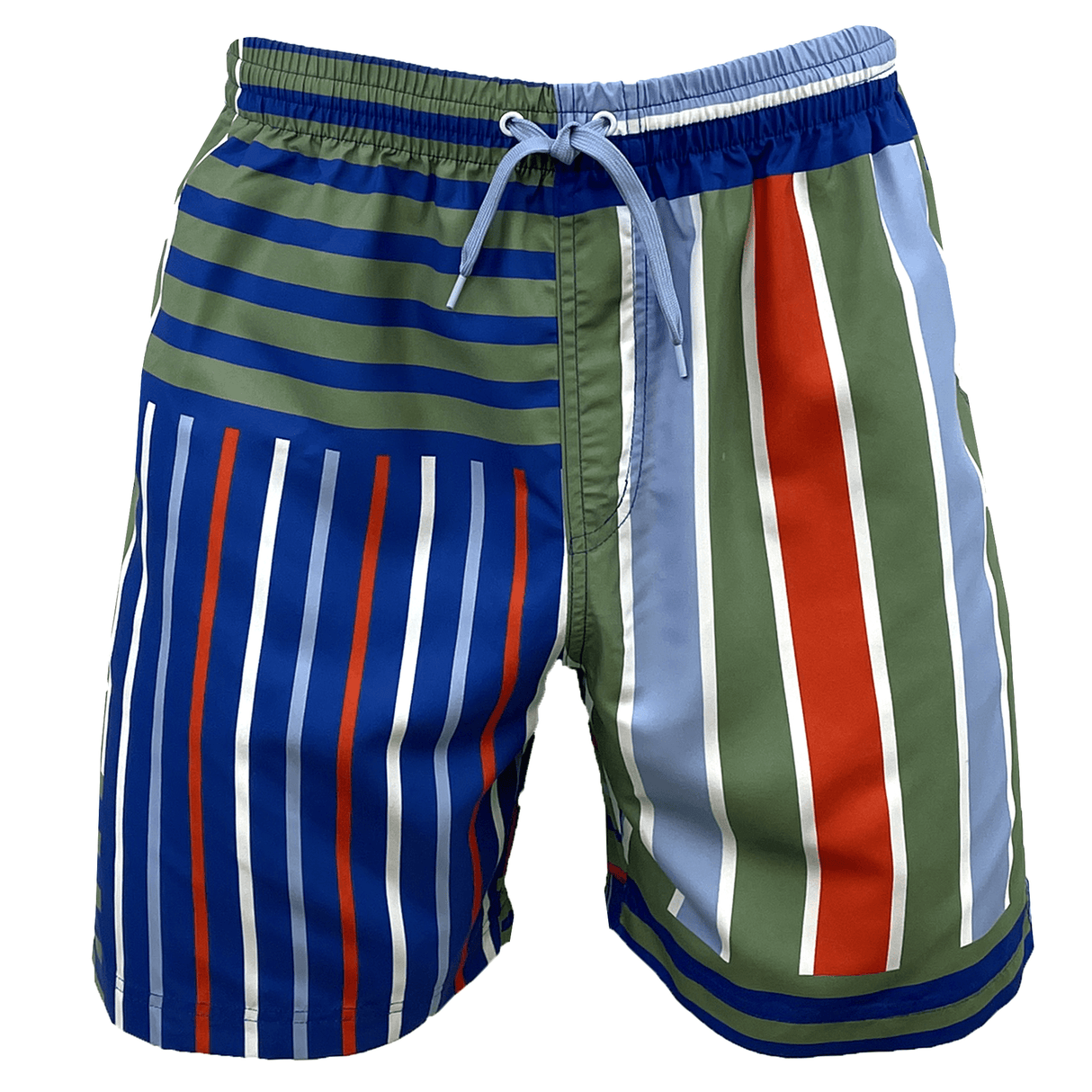 These Canterbury Uglies Awning 8in Woven Swim Shorts from the men's collection offer vibrant style and exceptional durability for every splash, featuring a striped design in blue, green, orange, and white with a drawstring waist.