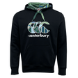 A black Canterbury Uglies Logo Pullover Hoodie with a multicolored design on the stylized CCC logo and hood lining. It features a front pocket and green drawstrings, showcasing the distinctive style of Canterbury Menswear.