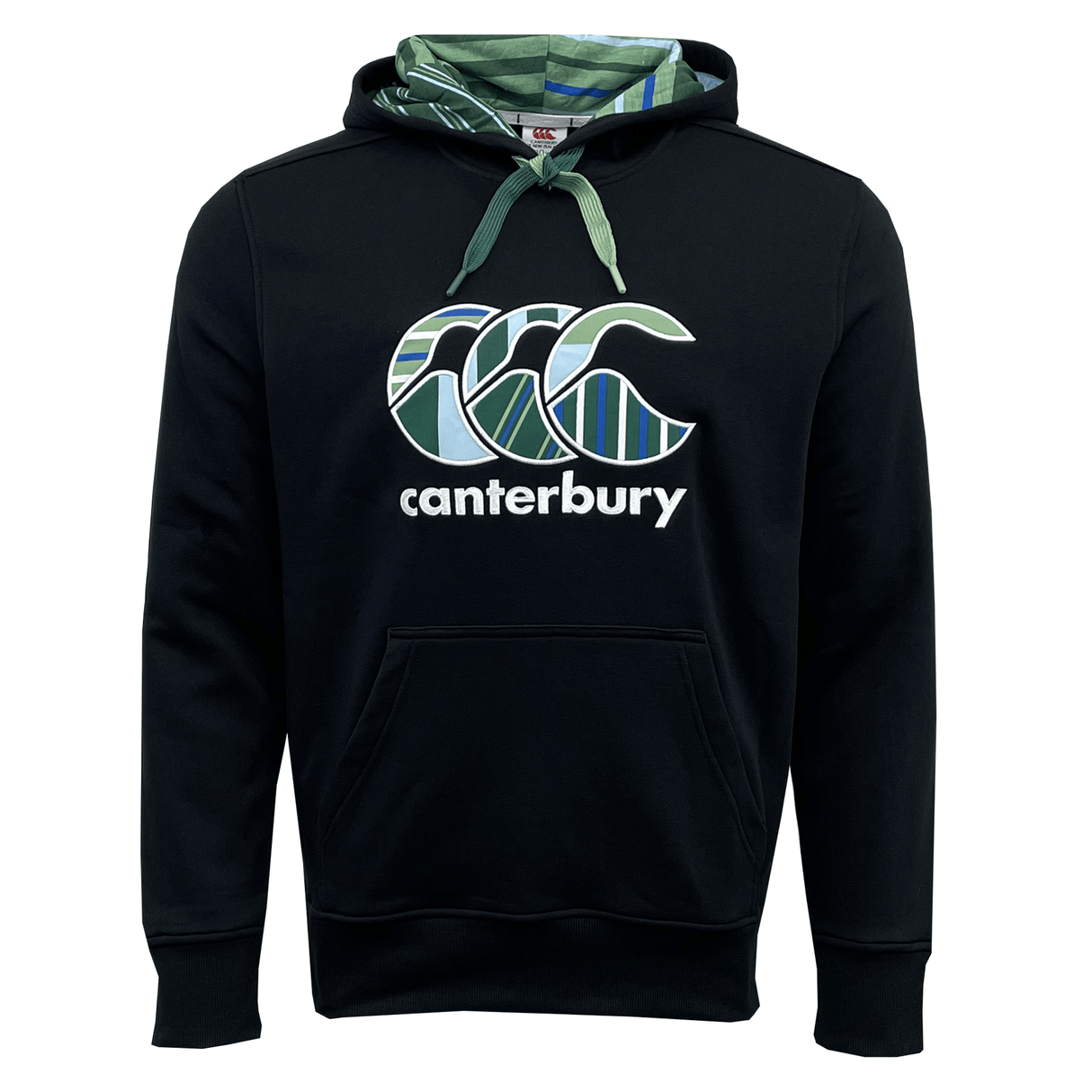 A black Canterbury Uglies Logo Pullover Hoodie with a multicolored design on the stylized CCC logo and hood lining. It features a front pocket and green drawstrings, showcasing the distinctive style of Canterbury Menswear.