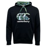 A black Canterbury Uglies Logo Pullover Hoodie with a multicolored design on the stylized CCC logo and hood lining. It features a front pocket and green drawstrings, showcasing the distinctive style of Canterbury Menswear.