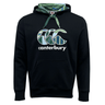 A black Canterbury Uglies Logo Pullover Hoodie with a multicolored design on the stylized CCC logo and hood lining. It features a front pocket and green drawstrings, showcasing the distinctive style of Canterbury Menswear.
