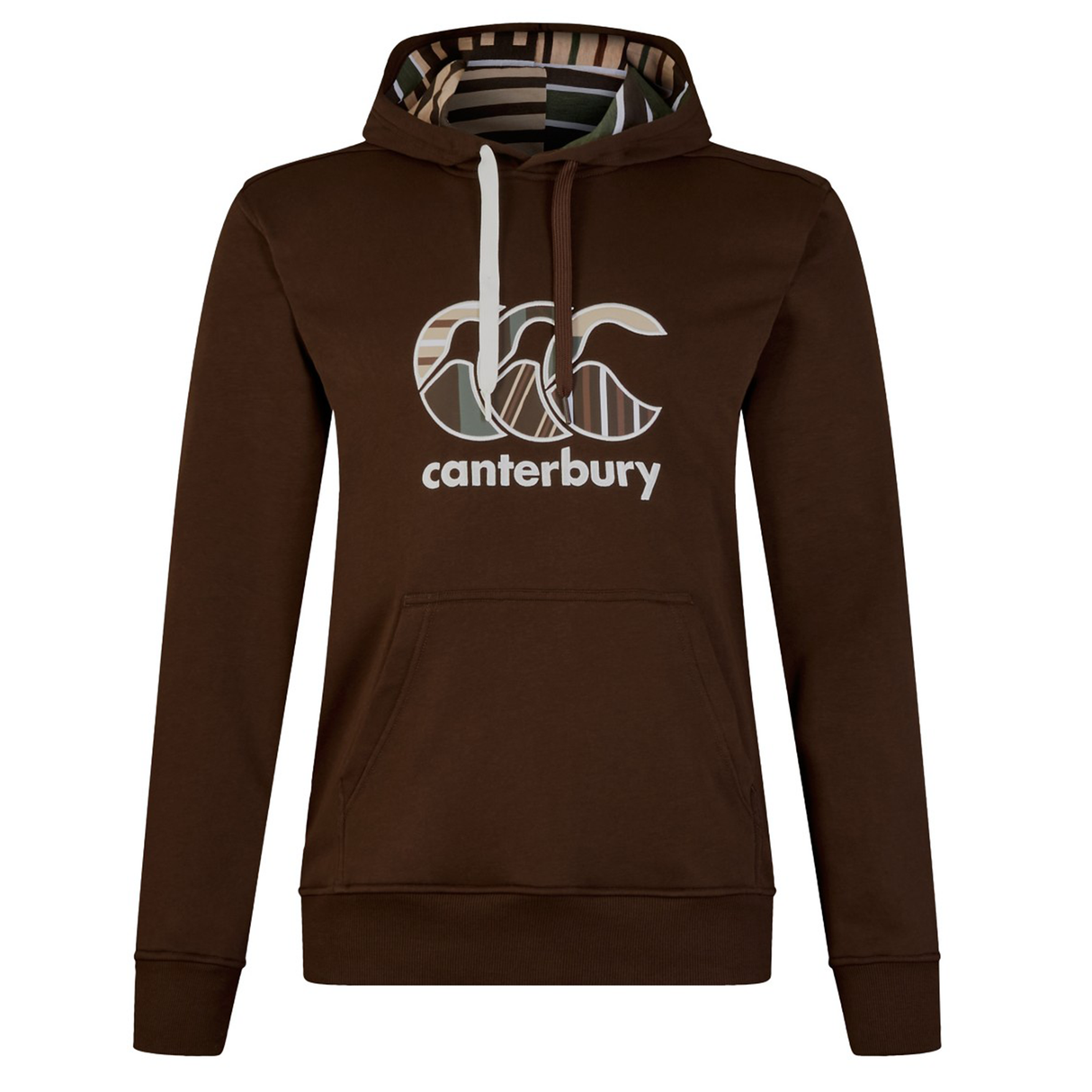 The Canterbury Uglies Hoodie by Canterbury showcases "Canterbury" and a stylized CCC logo on the front. It features a kangaroo pocket, striped hood lining, and white drawstrings for a classic look.