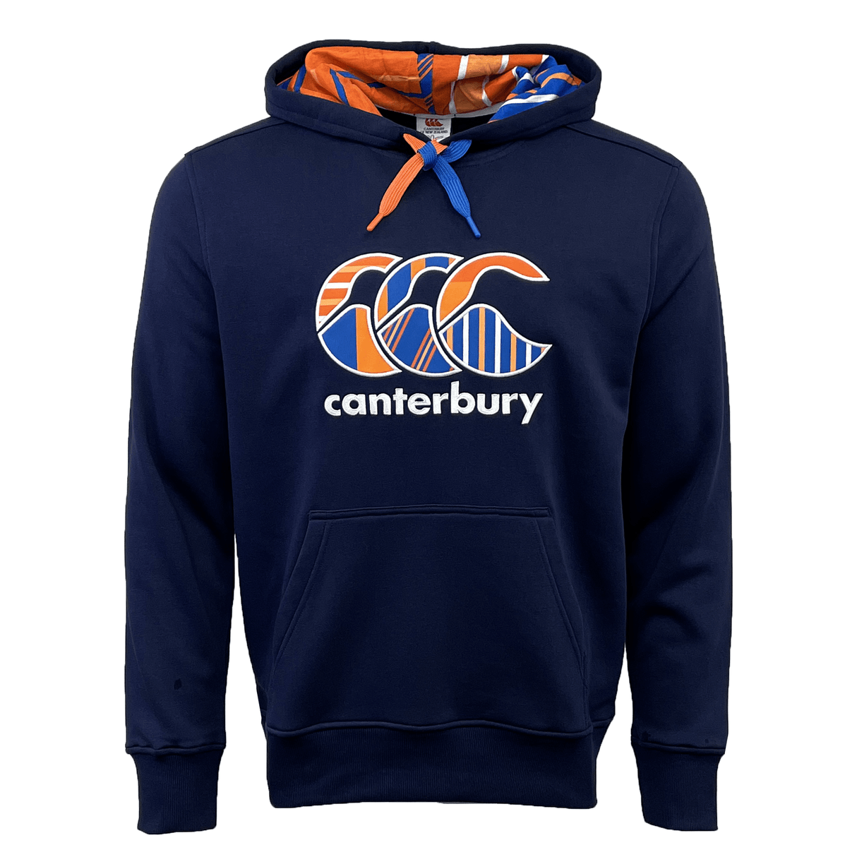 The Canterbury Uglies Logo Pullover Hoodie by Canterbury is navy blue and highlights a prominent "Canterbury" logo with eye-catching orange and blue accents. It features a front pocket, adjustable drawstrings, and a distinctive CCC logo.