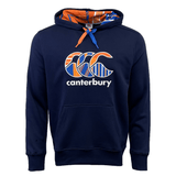 The Canterbury Uglies Logo Pullover Hoodie by Canterbury is navy blue and highlights a prominent "Canterbury" logo with eye-catching orange and blue accents. It features a front pocket, adjustable drawstrings, and a distinctive CCC logo.
