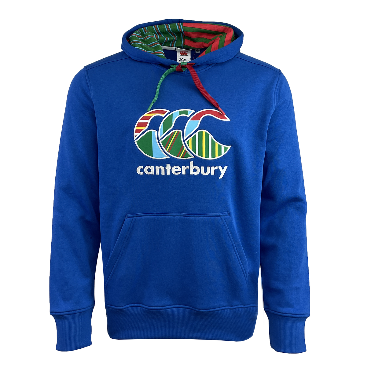 The Canterbury Uglies Hoodie by Canterbury offers bold block colors with a stylized CCC logo, colorful patterns, a front pocket, and a multicolored striped hood lining.