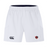 The Southern Pines Youth Rugby Advantage Short 2.0 by EMB Canterbury are white athletic shorts with an elastic waistband, showcasing a black Canterbury logo on the left and a red and black emblem on the right, emphasizing performance and sustainability with recycled content.