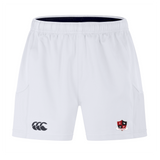 The Southern Pines Youth Rugby Advantage Short 2.0 by EMB Canterbury are white athletic shorts with an elastic waistband, showcasing a black Canterbury logo on the left and a red and black emblem on the right, emphasizing performance and sustainability with recycled content.