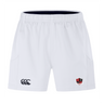 The Southern Pines Youth Rugby Advantage Short 2.0 by EMB Canterbury are white athletic shorts with an elastic waistband, showcasing a black Canterbury logo on the left and a red and black emblem on the right, emphasizing performance and sustainability with recycled content.