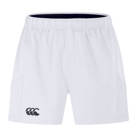 White athletic shorts with a black logo on the left thigh, featuring an elastic waistband and side pockets. These Canterbury Advantage Short 2.0 are crafted with recycled content, ensuring performance sustainability and eco-friendly comfort for every workout by Canterbury.