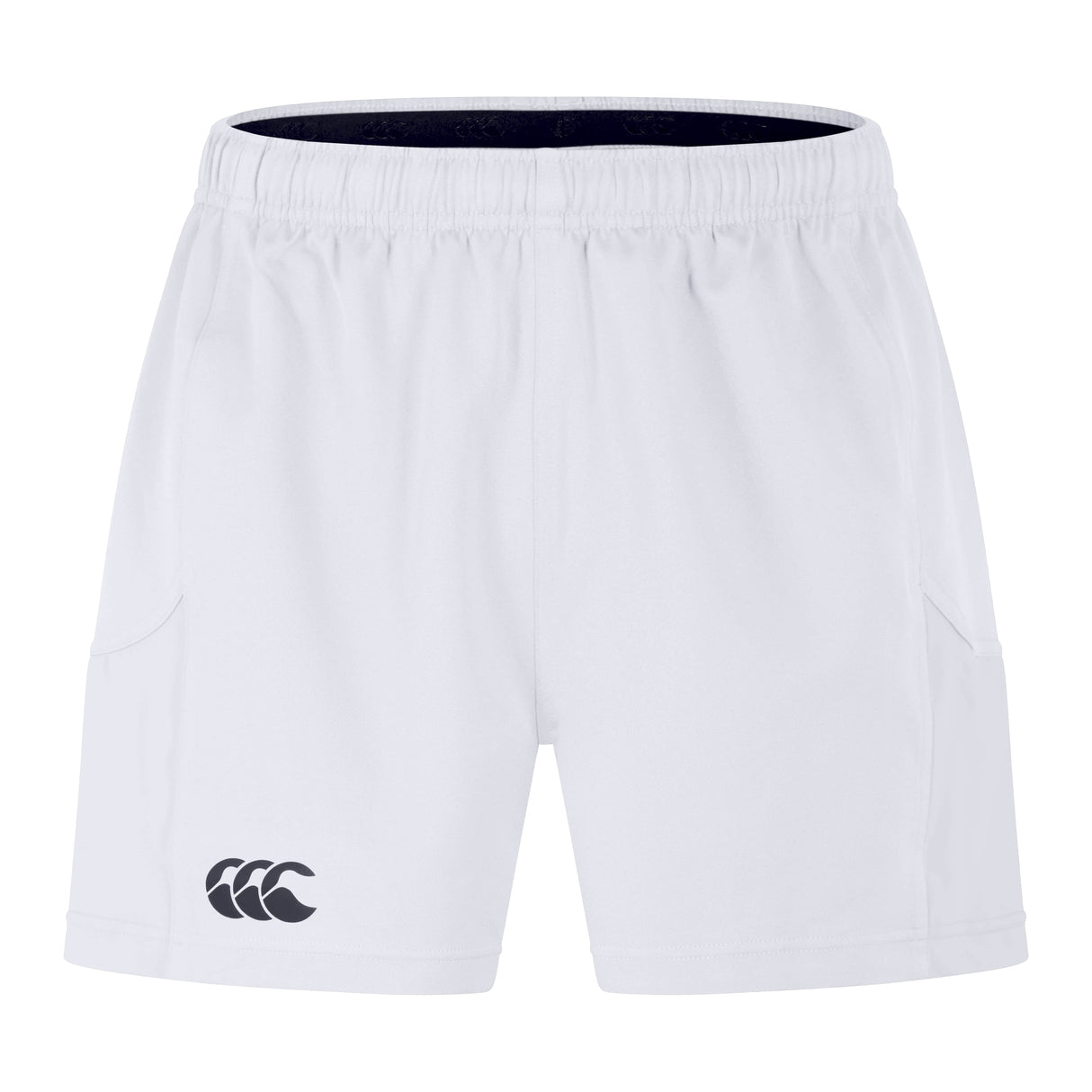 The Canterbury Advantage 2.0 Short 3-Pack Bundle by Bundle Canterbury features white shorts made from recycled materials, with an elastic waistband, side pockets, and a small black logo on the left leg for performance and sustainability.