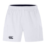 The Canterbury Advantage 2.0 Short 3-Pack Bundle by Bundle Canterbury features white shorts made from recycled materials, with an elastic waistband, side pockets, and a small black logo on the left leg for performance and sustainability.
