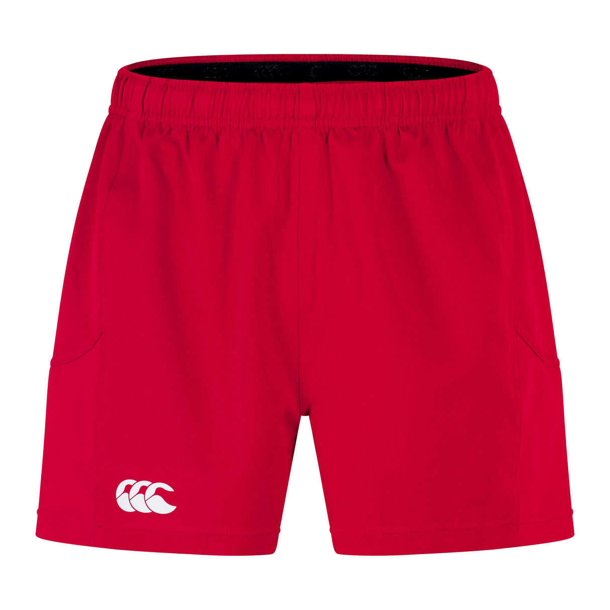 Discover the Bundle Canterbury Advantage 2.0 Short 3-Pack. These red athletic shorts boast an elastic waistband and a white left-leg logo. Crafted from recycled materials, they combine sustainability and performance for eco-conscious athletes.