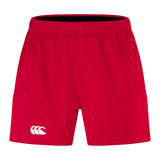 Discover the Bundle Canterbury Advantage 2.0 Short 3-Pack. These red athletic shorts boast an elastic waistband and a white left-leg logo. Crafted from recycled materials, they combine sustainability and performance for eco-conscious athletes.