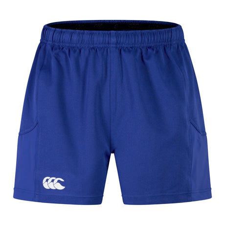 Introducing the Canterbury Advantage Short 2.0 by Canterbury, these blue athletic shorts feature an elastic waistband and two side pockets, along with a small white logo on the lower left leg. These Advantage Shorts also incorporate performance sustainability with recycled content.