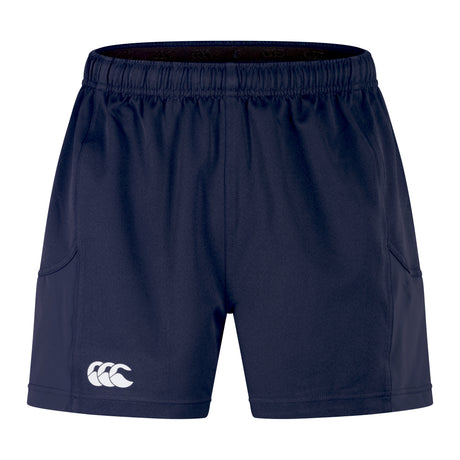 The Canterbury Advantage Short 2.0 in navy blue, featuring an elastic waistband and a white logo on the lower right leg, is crafted with recycled content for enhanced performance sustainability.