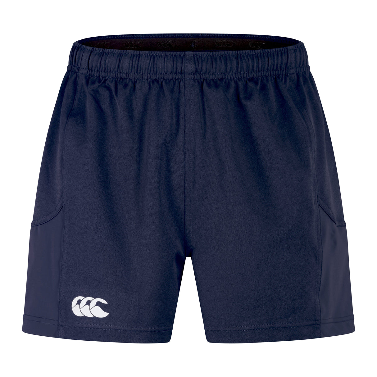 Navy blue Canterbury Advantage 2.0 shorts from the 3-Pack Bundle by Bundle Canterbury, featuring an elastic waistband, two side pockets, and a white logo on the left leg; crafted with recycled materials for performance and sustainability.