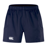 Navy blue Canterbury Advantage 2.0 shorts from the 3-Pack Bundle by Bundle Canterbury, featuring an elastic waistband, two side pockets, and a white logo on the left leg; crafted with recycled materials for performance and sustainability.
