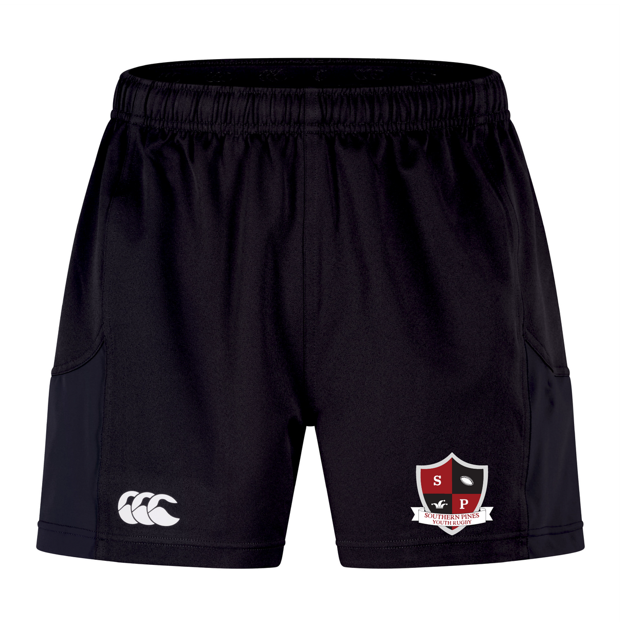 Discover the Southern Pines Youth Rugby Advantage Short 2.0 by EMB Canterbury. These black sports shorts feature a white logo and red and white crest, crafted with recycled content for an eco-friendly edge.
