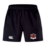 Discover the Southern Pines Youth Rugby Advantage Short 2.0 by EMB Canterbury. These black sports shorts feature a white logo and red and white crest, crafted with recycled content for an eco-friendly edge.