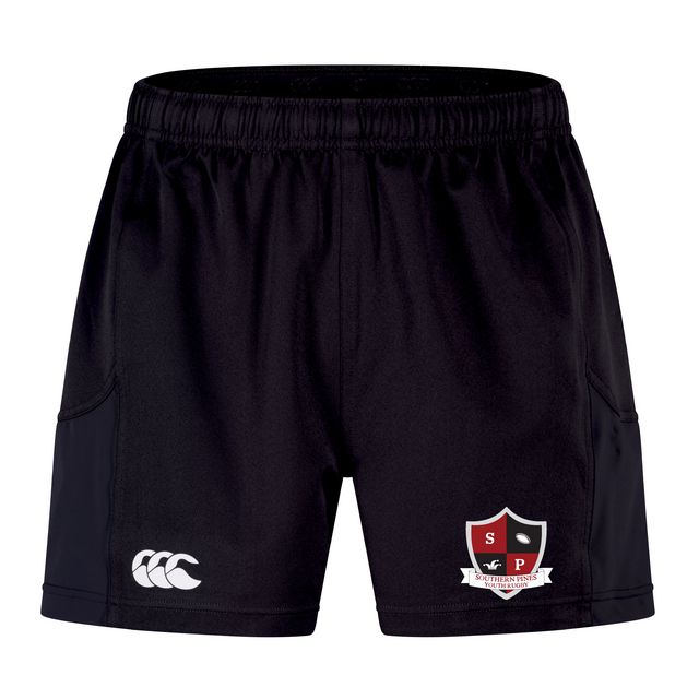 Discover the Southern Pines Youth Rugby Advantage Short 2.0 by EMB Canterbury. These black sports shorts feature a white logo and red and white crest, crafted with recycled content for an eco-friendly edge.