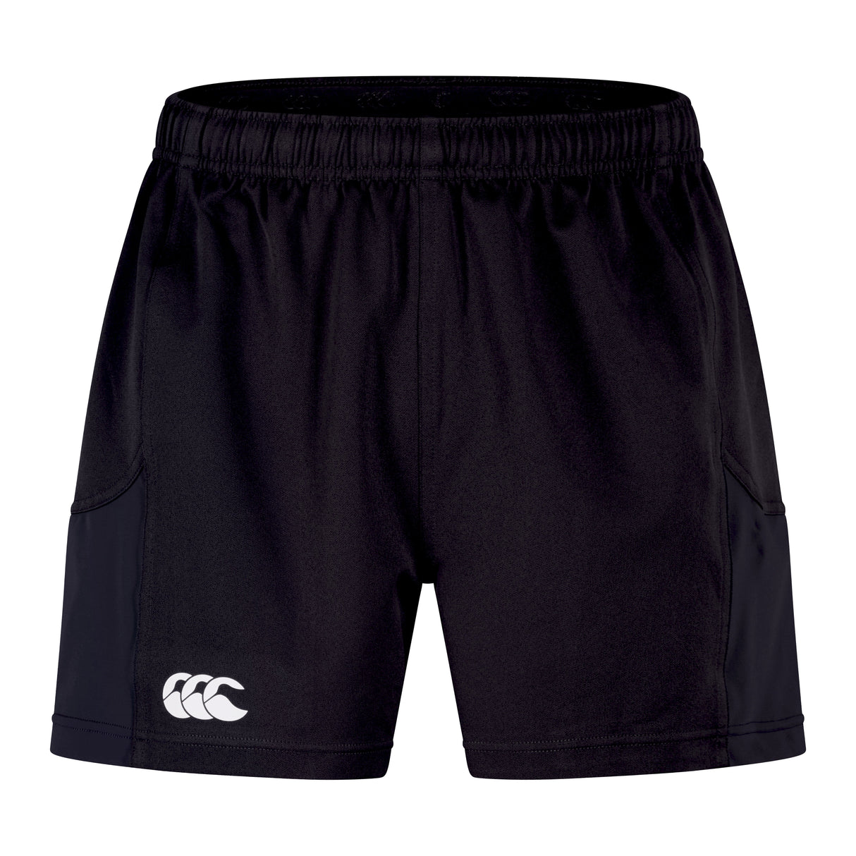 Explore the Canterbury Advantage 2.0 Short 3-Pack Bundle by Bundle Canterbury, featuring black athletic shorts made with recycled materials. These shorts boast an elastic waistband and a white logo on the left, merging performance with eco-friendly comfort for sustainable style.