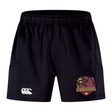 The Godzilla Rugby Football Club Advantage Short 2.0 by EMB Canterbury features a white Canterbury logo on the left leg and a Godzilla graphic with text on the right leg, designed as sustainable athletic shorts that combine style and performance.