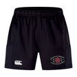 The EMB Canterbury Santa Rosa Youth Rugby Advantage Short 2.0 features black rugby performance shorts with an elastic waistband, a white Canterbury logo on the left leg, and “Santa Rosa Youth Rugby” along with a rose graphic on the right leg. Made from recycled materials, these shorts offer both durability and comfort for every game.