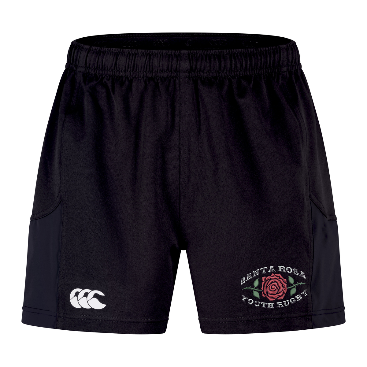 The EMB Canterbury Santa Rosa Youth Rugby Advantage Short 2.0 features black rugby performance shorts with an elastic waistband, a white Canterbury logo on the left leg, and “Santa Rosa Youth Rugby” along with a rose graphic on the right leg. Made from recycled materials, these shorts offer both durability and comfort for every game.