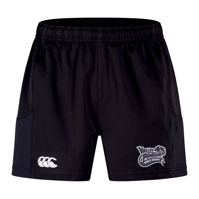 The Valley Panthers Girls Rugby Advantage Short 2.0 by EMB Canterbury are black performance training shorts with an elastic waistband, showcasing the signature white Canterbury logo on the left leg and the “Valley Panthers Girls Rugby” logo on the right leg. Made with recycled materials, these shorts combine comfort and sustainability for every session.