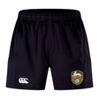 The RVA T.R.C. Advantage Short 2.0 by EMB Canterbury features an elastic waistband and is crafted from recycled materials for enhanced comfort and durability. These black performance training shorts display a white Canterbury logo on the left leg and an RVA crest logo on the right, making them perfect for any workout or training session.