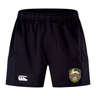 The RVA T.R.C. Advantage Short 2.0 by EMB Canterbury features an elastic waistband and is crafted from recycled materials for enhanced comfort and durability. These black performance training shorts display a white Canterbury logo on the left leg and an RVA crest logo on the right, making them perfect for any workout or training session.