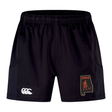 Black Aging Alabama Rugby Players Advantage Short 2.0 by Canterbury performance training shorts featuring a white logo on the right leg and an Alabama state shape emblem with a devil figure on the left leg.