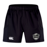 Black ICRON Advantage Rugby Shorts by Canterbury featuring an elastic waistband, a white logo on the right leg, and a grey team emblem on the left leg.